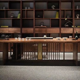 新中式 实木大阪茶桌椅组合客厅家用黑胡桃木泡茶桌简约办公室茶台