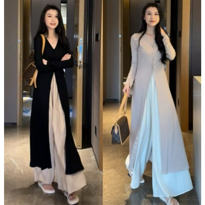 温柔风高级套装女长款防晒开衫茶系穿搭一整套垂感裙裤新款两件套图片