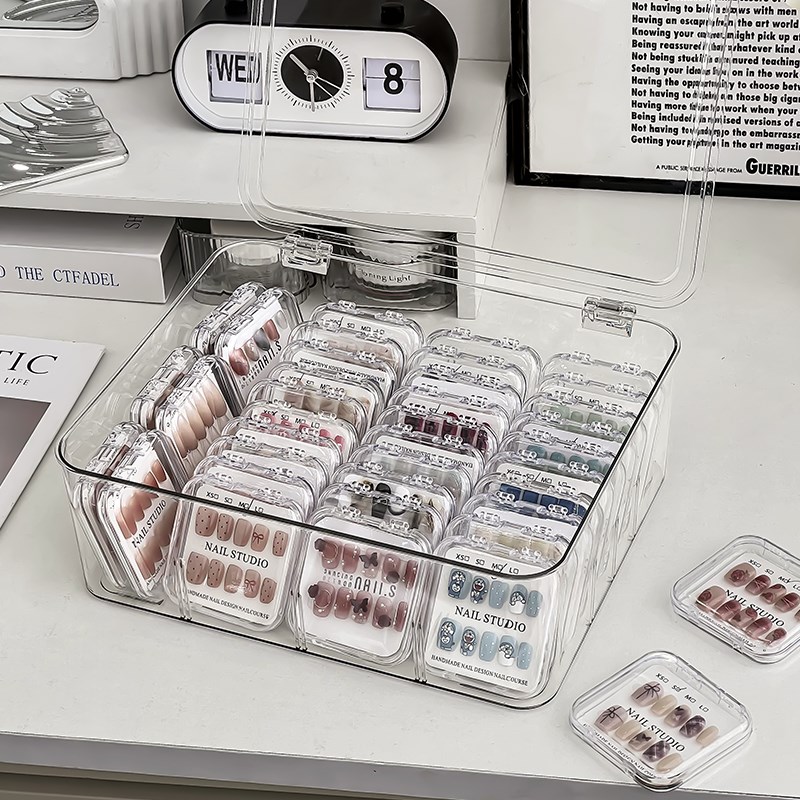 美甲收纳盒桌面亚克力大容量防尘透明轻奢甲片展示穿戴甲盒子