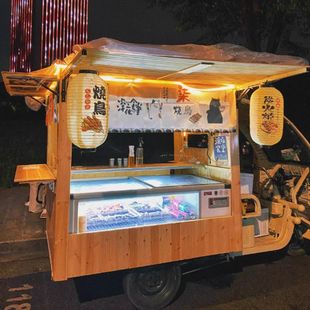 防腐木质三轮车摆摊位多功能餐车移动小吃烧鸟拉面展示架网红推车