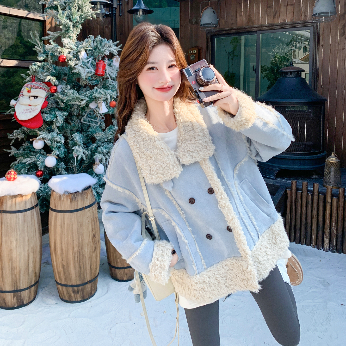 2025【现货冬款】新货蓝色拼接毛呢外套201-Q309-P215-控328，女装毛呢外套，浙宝201