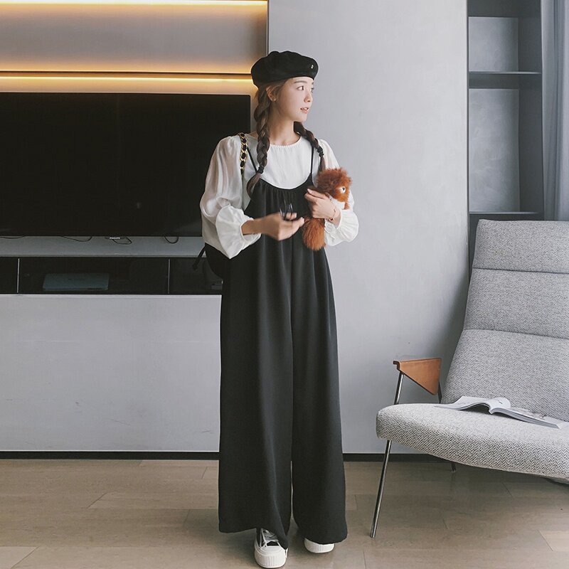 奶系阔腿背带裤女春秋2025新款小个子可盐可甜网红穿搭,女装连体裤,浙宝201