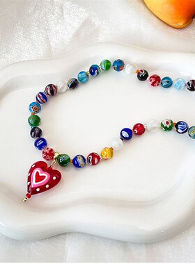 夏日多巴胺彩色串珠项链女2024爆款爱心琉璃吊坠百搭小众锁骨链