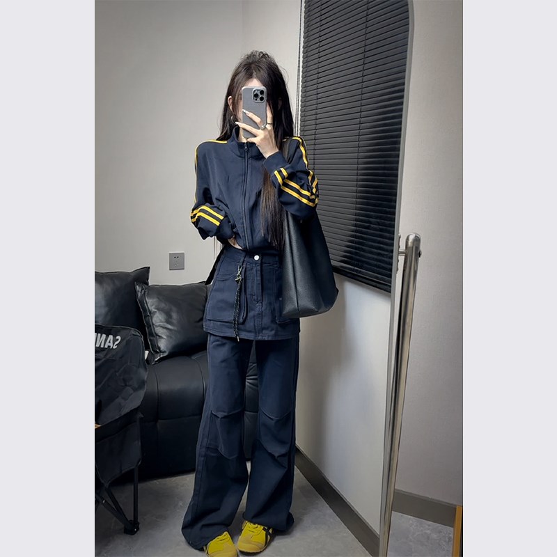 小个子蓝色假两件微喇休闲裤子女春秋款F202L4新款今年流行爆款长