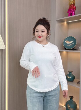 大码白色内搭打底衫女春装20v25新款胖mm遮肚显瘦宽松长袖t恤上衣