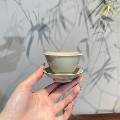 惊蛰 草木灰釉手绘双红线茶杯中式功夫茶具家用陶瓷品茗杯主人杯