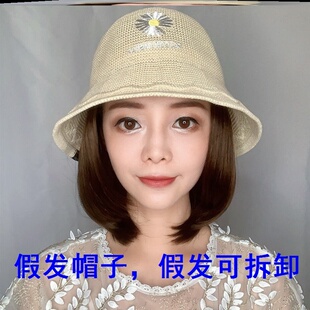 化疗帽子c盆帽假发帽子可拆卸带头发的帽子夏款草帽折叠透气薄女