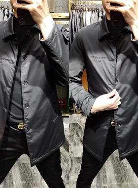20987春季新款男中长款黑色风衣时尚翻领夹克男士春装休闲外套潮