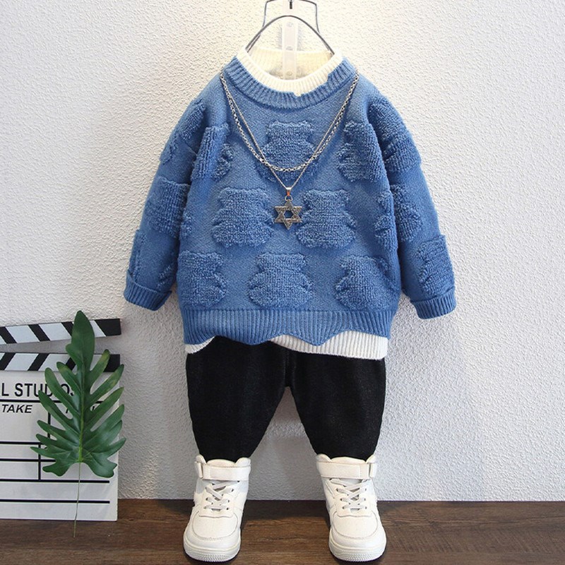 男童毛衣春秋款2022新款洋气宝宝圆领假K两件针织衫儿童秋冬线衣