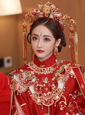 锦钰中式婚礼明制汉服红色复古宫廷风结婚新娘凤冠长流苏古典头饰