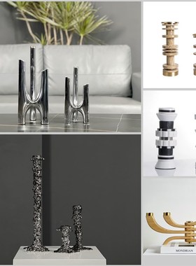 现代轻奢金属实木烛台蜡烛样板房售楼处餐桌装饰摆件酒店会所民宿