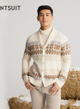 WANTSUIT米白色费尔岛提花美利奴羊毛青果领针织开衫民族复古文艺