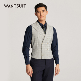 WANTSUIT浅灰绵羊毛亲王格戗驳领马甲坎肩商务叠穿复古穿搭老钱潮