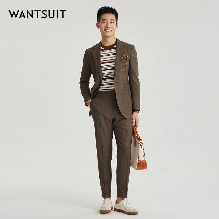 WANTSUIT男士咖色全绵羊毛西服上衣外套正式绅士新郎毕业礼物父亲