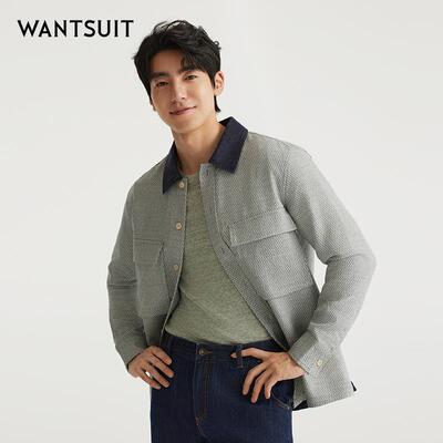 WANTSUIT蓝色拼接领休闲大口袋行政撞色短款茄克衫上衣外套