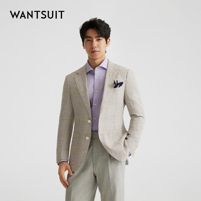 WANTSUIT商务休闲灰色亲王格单西外套上衣西服正式父亲新郎毕业礼