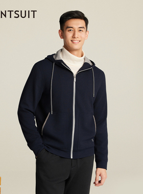 WANTSUIT绵羊毛男士藏青连帽针织开衫外套内搭老钱轻奢运动休闲正