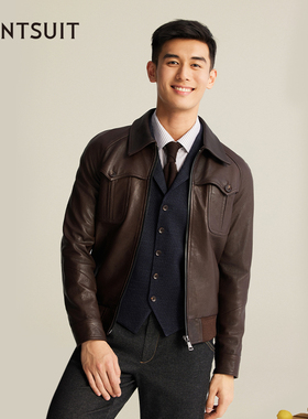 【经典G9夹克】WANTSUIT咖啡色羊皮茄克衫皮衣真皮外套商务老钱