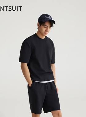 WANTSUIT秋冬商务休闲藏青色弹力圆领T恤上衣男舒适宽松内搭松弛