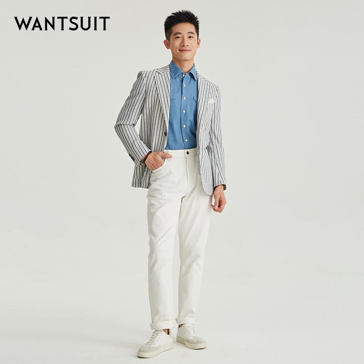 WANTSUIT秋冬新品男士条纹休闲西装外套正装单西商务休闲轻奢正品