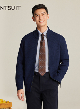 WANTSUIT重磅羊毛蓝色拉链针织开衫外套夹克商务老钱御寒老钱风男