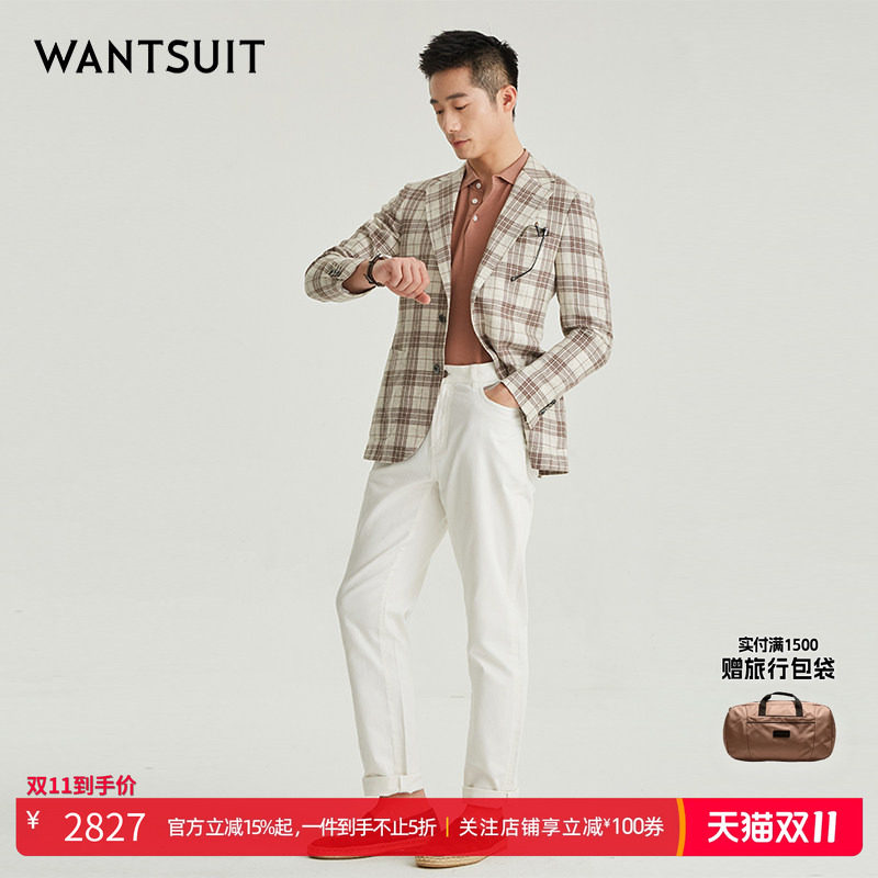 WANTSUIT秋冬男士西装休闲格纹亚麻修身西服上衣外套绅士单西老钱