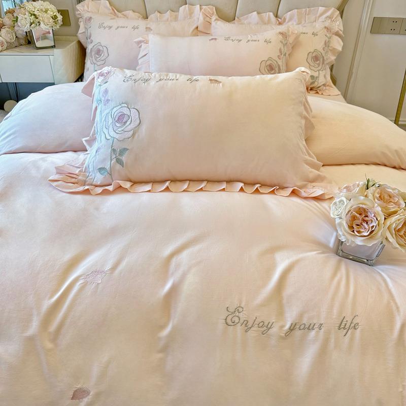 公棉主被风全棉水洗边四件套AWX88888少女心荷叶刺绣套床单纯棉床