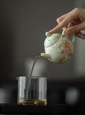 明知山志果青釉手绘凌霄花陶瓷茶人家壶NMW用茶具泡茶手执壶文壶