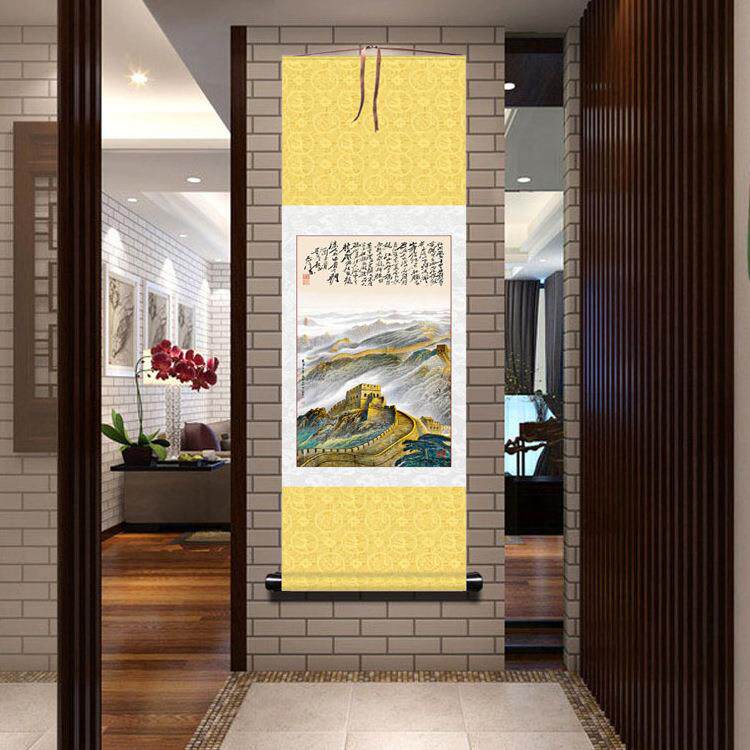 城0147雄风丝画绸新里中式万长城画靠山图办公室国画沙发长后挂画