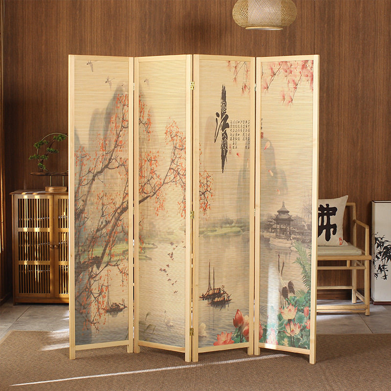 竹屏风隔断客厅家用中式山水花鸟现代简约玄关门卧室折屏实木屏风