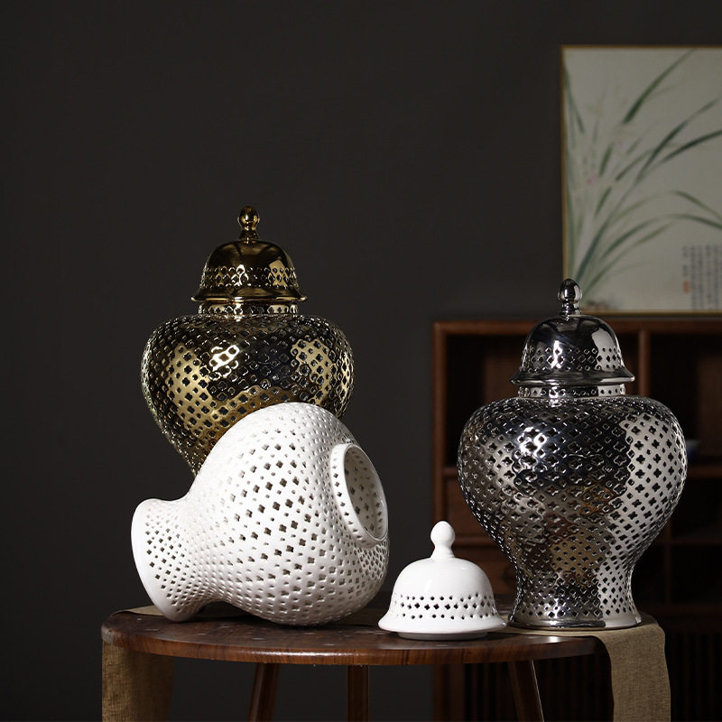 新中式镂空陶瓷将军罐样板房软装饰品高温陶瓷花瓶售楼处摆件花瓶,电子元器件市场,电线扎带/束线带,淘宝优惠券,粉丝福利购,淘宝优惠卷