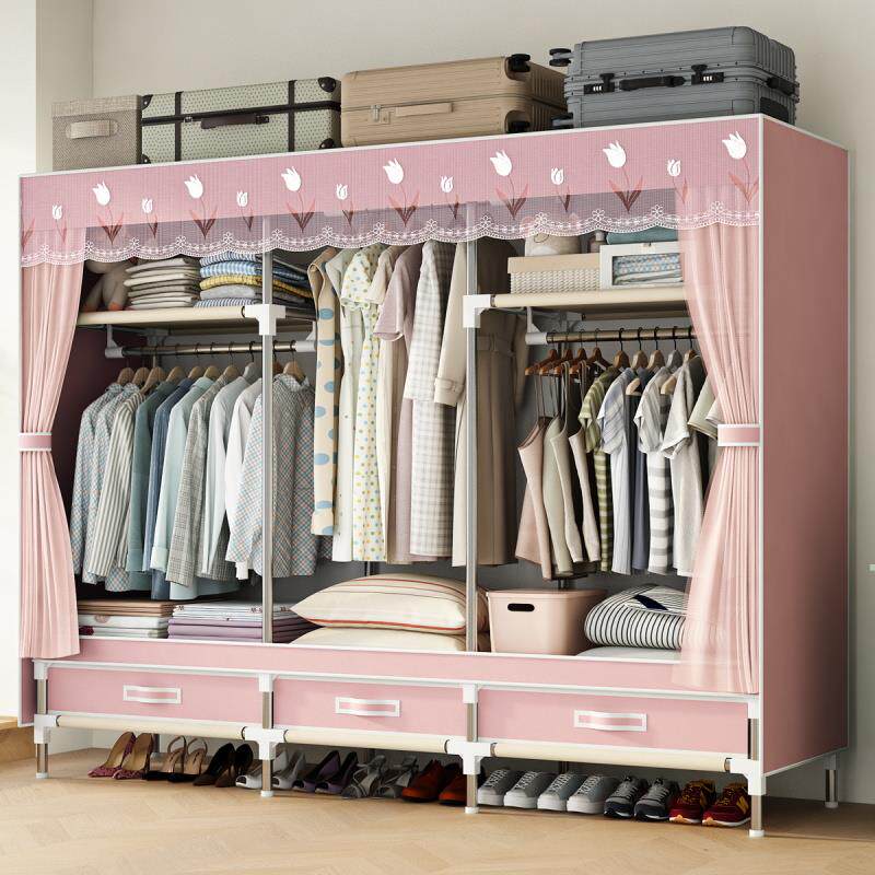 简易衣柜加粗加厚钢管全钢架出租房布衣柜宿舍布衣橱结实加固衣橱