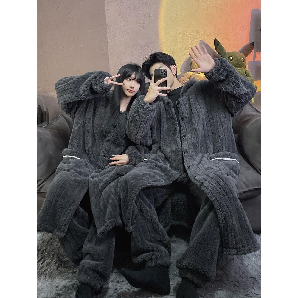 情侣珊瑚绒睡袍冬女大码睡衣男士长款加厚加肥法兰绒连帽宽松浴袍