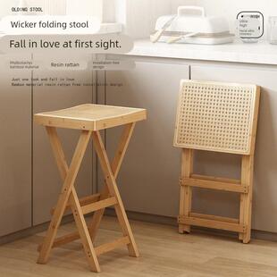 藤制家用折叠吧台凳北欧风格厨房操作凳岛式高凳餐桌餐椅