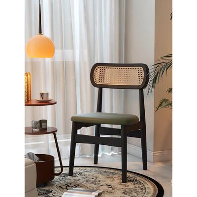实木餐桌椅靠背覆古藤制法式餐椅中世纪休闲家居椅高端绿凳