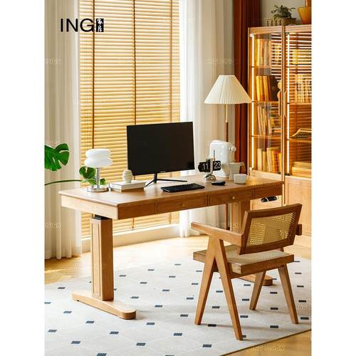 实木升降桌电动双电机家用樱桃木北欧电脑桌写字工作台办公桌书桌