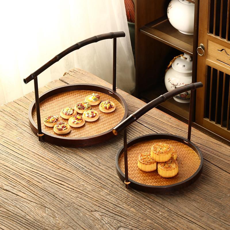 竹编手提圆盘手工篮茶具紫竹提手复古大漆点心篮竹篮子水果篮竹筐