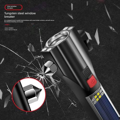 德国精装进口消防强光汽车安全锤多功能手电筒USB太阳能破窗传感
