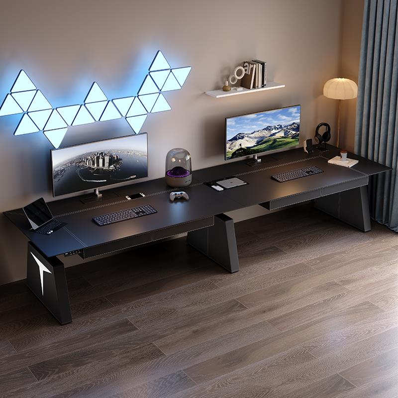 双人电脑桌站立式电动升降桌实木办公台式家用客厅书桌加长电竟桌