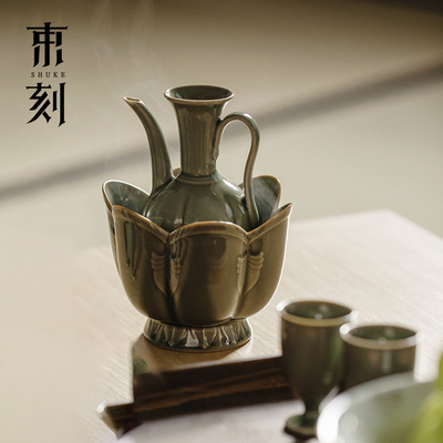 束刻 越窑青瓷传统温酒器煮酒壶烫酒壶陶瓷酒具套装家用酒杯白酒