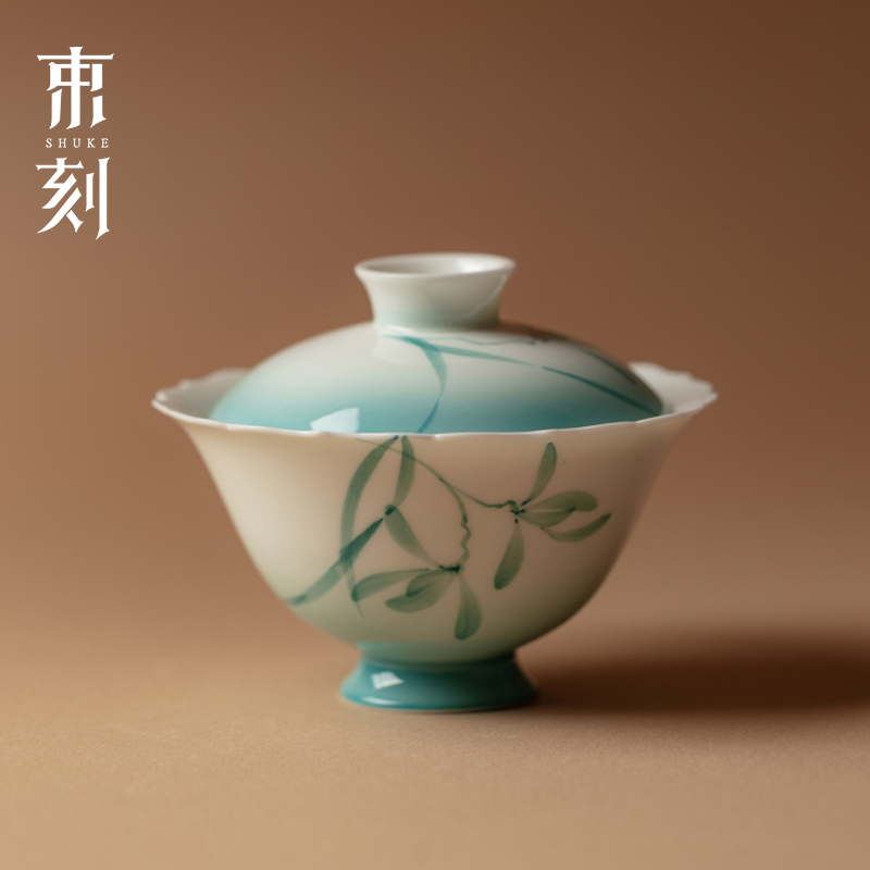 束刻玉瓷青花手绘兰花花口盖碗高颜值渐变蓝泡茶碗功夫茶具不烫手