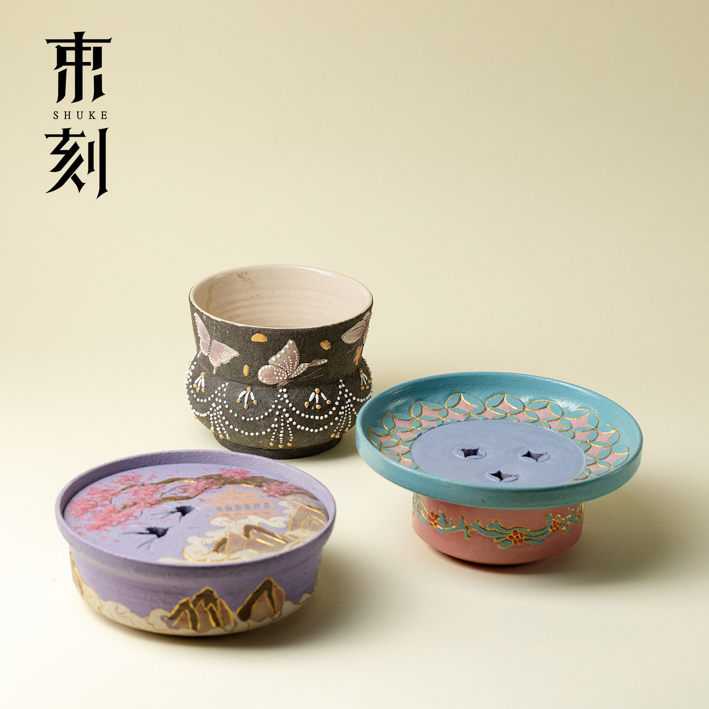 山几由 大漆莳绘蓄水壶承景德镇小众陶瓷干泡盘中式创意手绘茶台