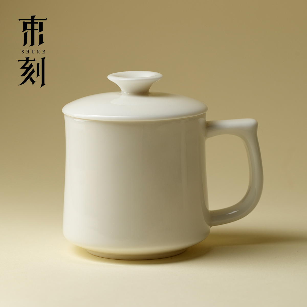束刻羊脂玉瓷办公马克杯陶瓷泡茶杯办公杯个人专用会议杯水杯带盖