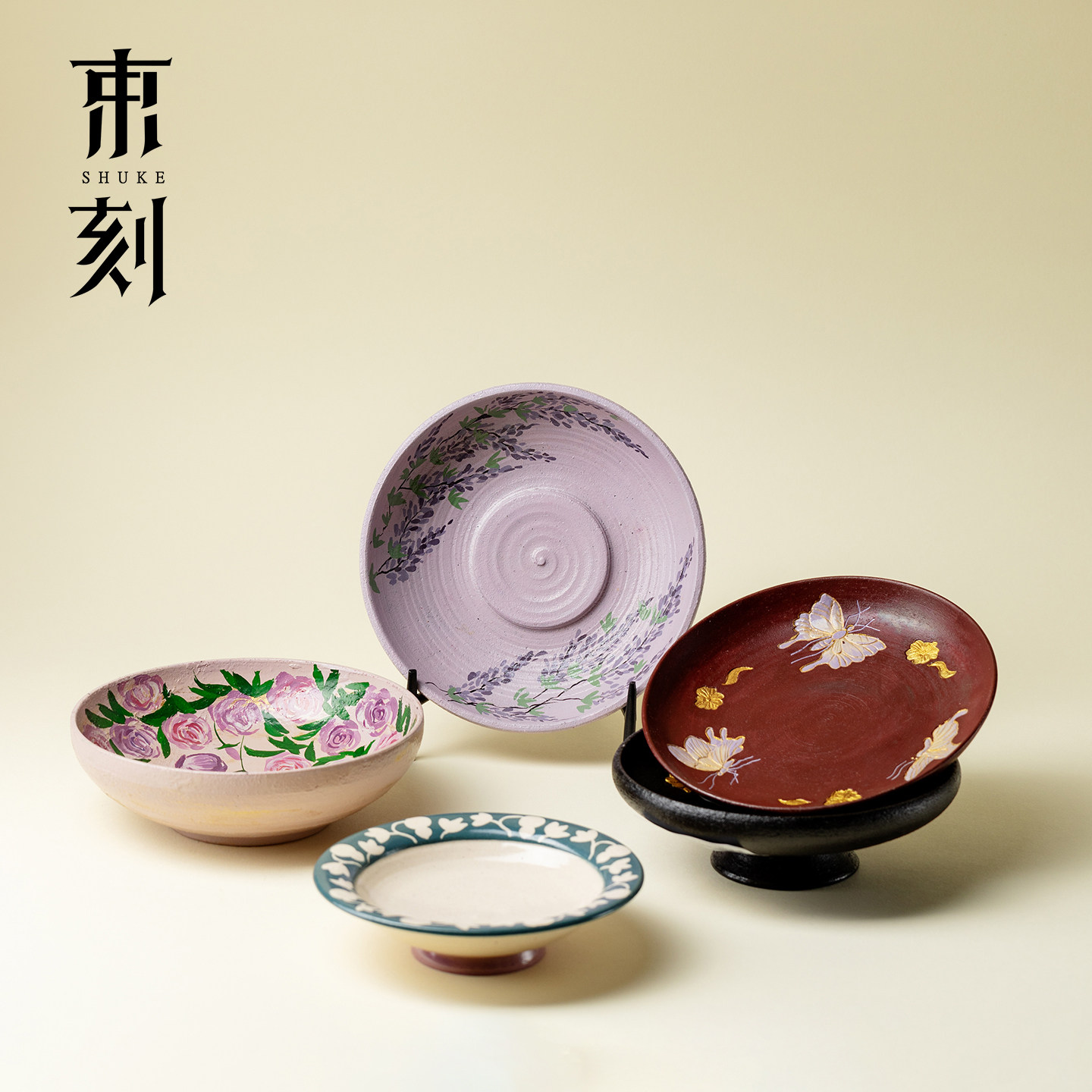 山几由大漆莳绘干泡茶盘景德镇小众陶瓷壶承创意手绘茶台功夫茶具