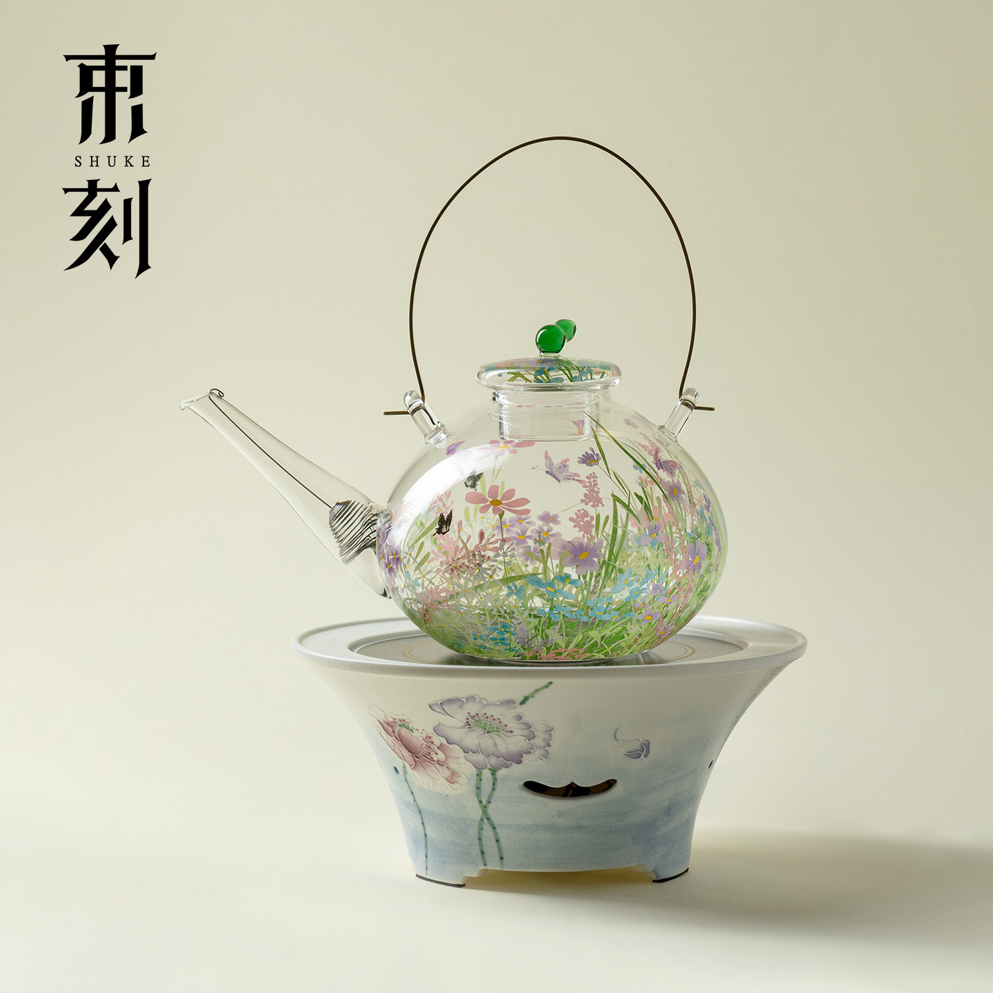 束刻漫花高硼硅玻璃提梁壶黑晶炉套装大容量烧水养生壶泡茶电磁炉