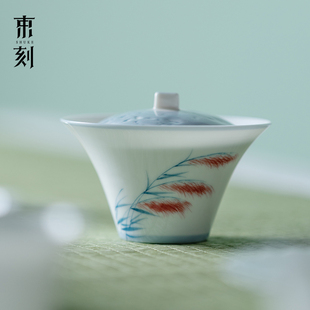 束刻 白瓷手绘薄胎二才盖碗高档单个茶具泡茶碗家用会客茶具套装