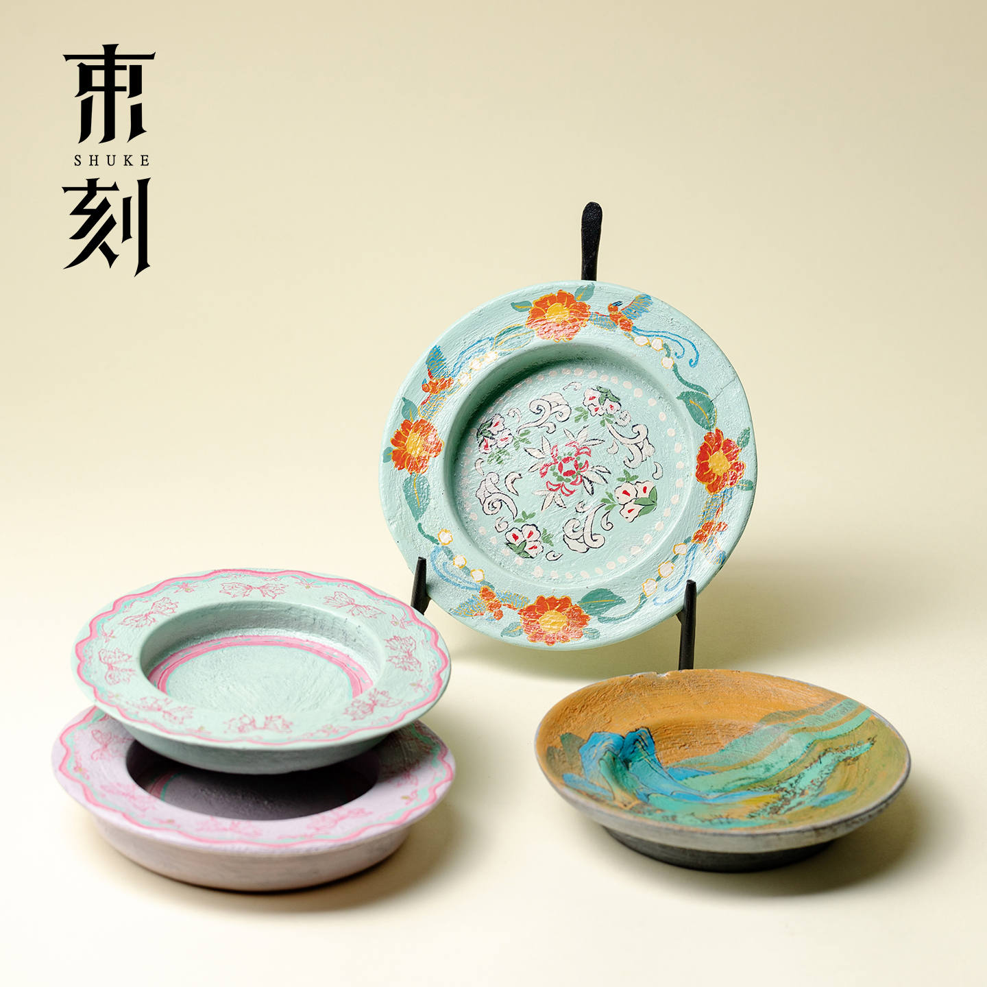 山几由大漆莳绘干泡茶盘景德镇小众复古陶瓷壶承创意手绘茶台茶具