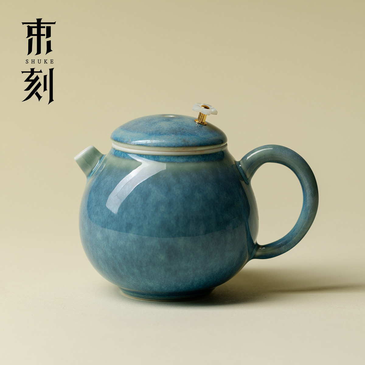 束刻 窑变釉孔雀绿茶壶精致高颜值手工泡茶壶创意花型纽陶瓷单壶