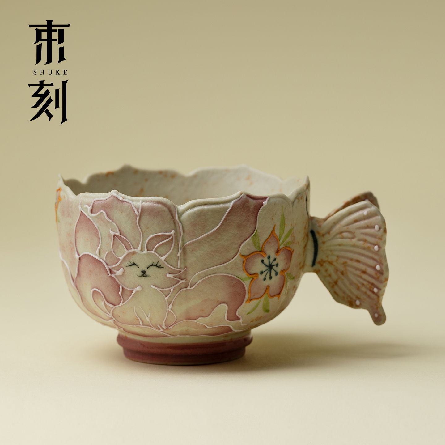 束刻纯手绘九尾狐主人杯鱼尾把手功夫茶杯火石红家用品茗杯个人杯