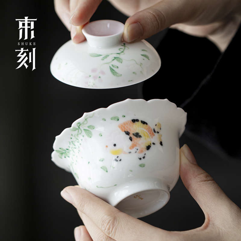 清新二才盖碗纯手绘胖鱼头泡茶碗